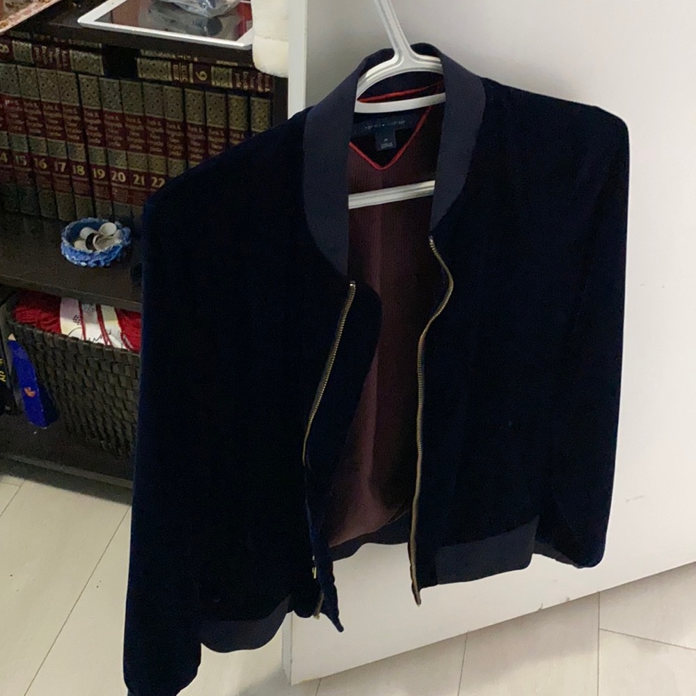 Navy blue velvet bomber